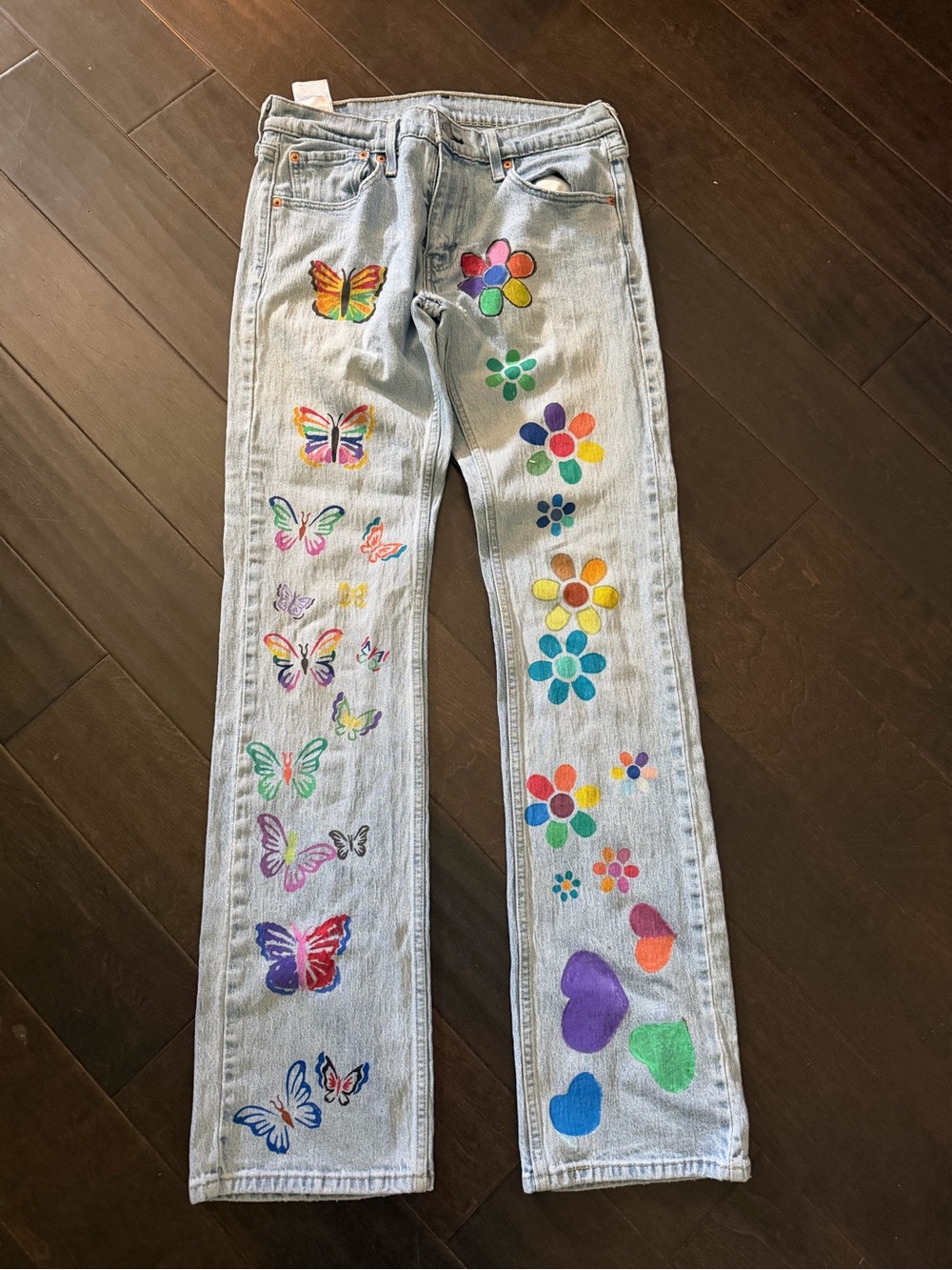 Levi's 527 Light Wash Straight Leg Jeans with Colorful Butterfly & Flower Art